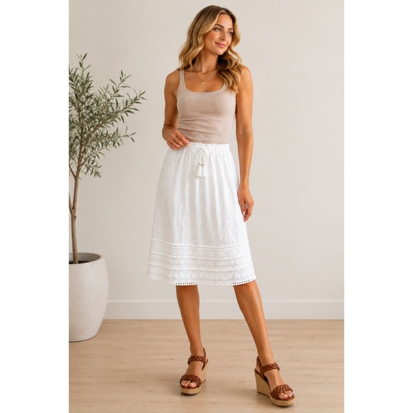 J. Jill Dresses & Skirts - J JILL Embroidered Tassel Trim Boho Midi Skirt Coastal Beachy White Sz L
